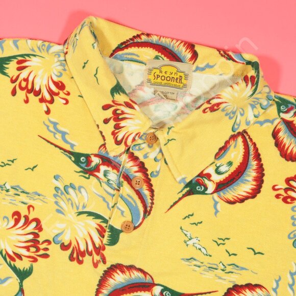 Reyn Spooner Polo Shirt Mens XL Yellow Nautical Marlin Fish Vintage 80s Pique - Picture 1 of 6